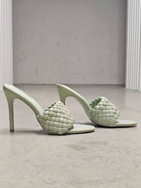 Woven Sage Green High Heel Mules With Padded Straps - Elegant Slip-On Design For